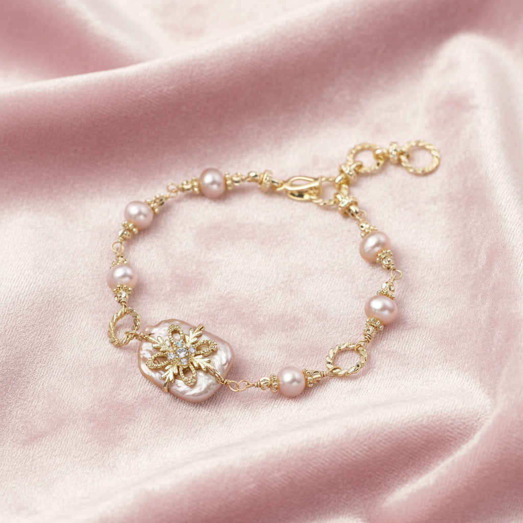 Gold-plated bracelet with pink baroque pearl centerpiece, floral connector, and freshwater pearls