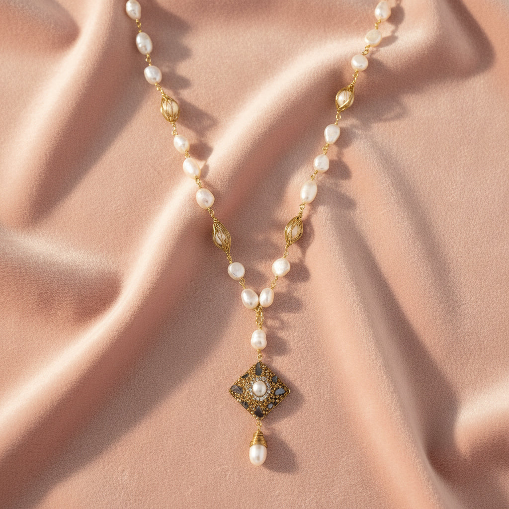 Y-shaped necklace with freshwater pearls, gold filigree stations, and ornate diamond-shaped centerpiece with pearl drop