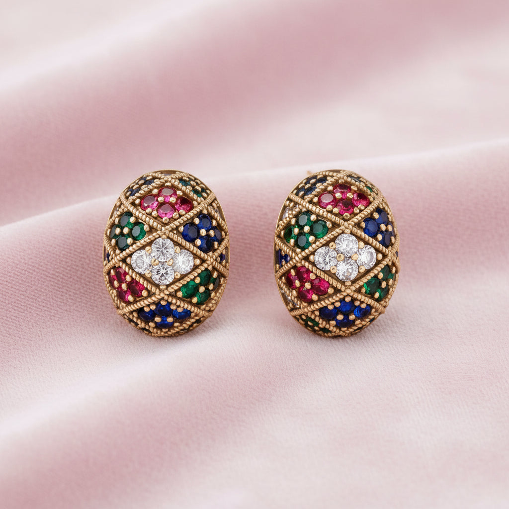 Oval gold-plated stud earrings with multicolor zirconia stones in geometric mosaic pattern