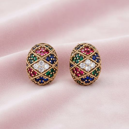 Oval gold-plated stud earrings with multicolor zirconia stones in geometric mosaic pattern