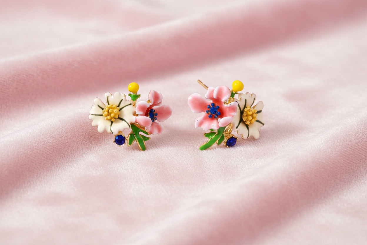 Colorful floral cluster stud earrings with pink blooms, white daisies, yellow accents on gold-plated brass base