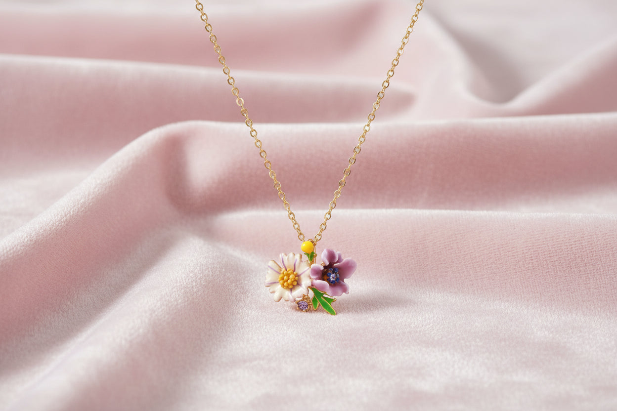 Gold-plated necklace with pink and purple enamel flower pendant featuring crystal accents on cream background