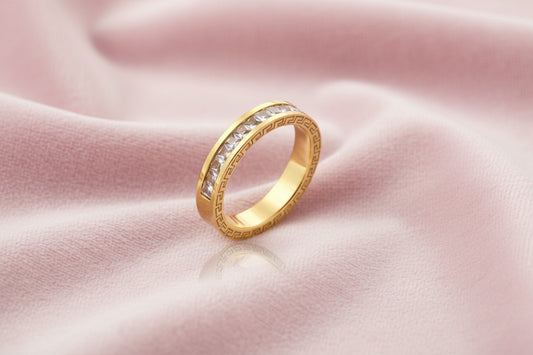 14K gold-plated band with channel-set zirconia and Greek key pattern engraving on polished finish