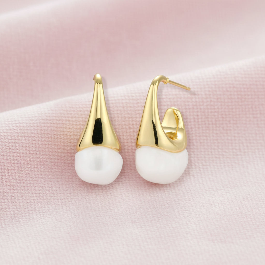 Pair of small gold-plated hoop earrings with triangular cone fronts and curved backs on white background.